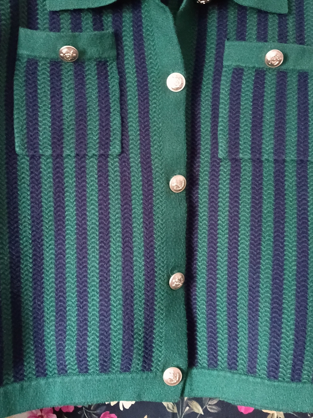 Emerson Lang Green & Navy Striped Button-Front Sweater Jacket - Picture 8 of 9
